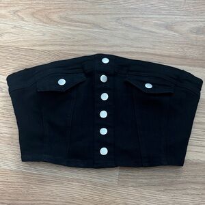 Black‎ Denim Bustier Crop Top Button Front Strapless Corset Tank Top